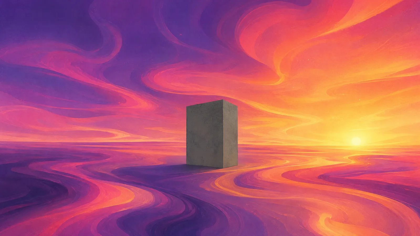 A single rigid grey boxy structure sitting stiff and unchanged in the centre while the whole landscape around it - ground, sky and horizon - has turned to flowing ribbons of violet-to-amber ink and moved on, leaving the grey box marooned and out of place against a low coastal sunset glow