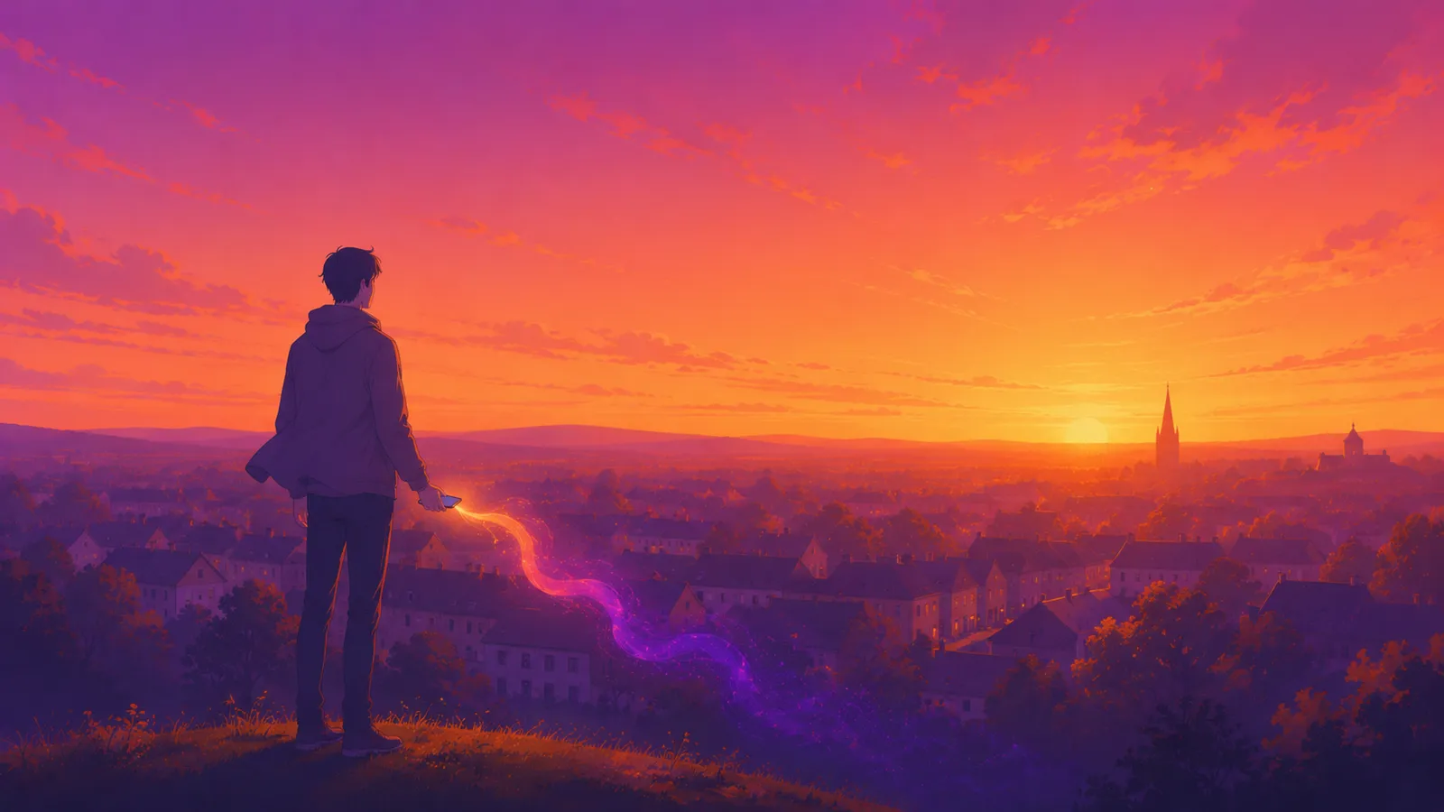A lone figure on a rise above an inland Lancashire market town at golden hour, a phone loose in one hand, a single ribbon of glowing violet-to-amber ink slipping from it and drifting away into the dusk in fainter and fainter wisps, the town rooftops and a distant church spire in silhouette below
