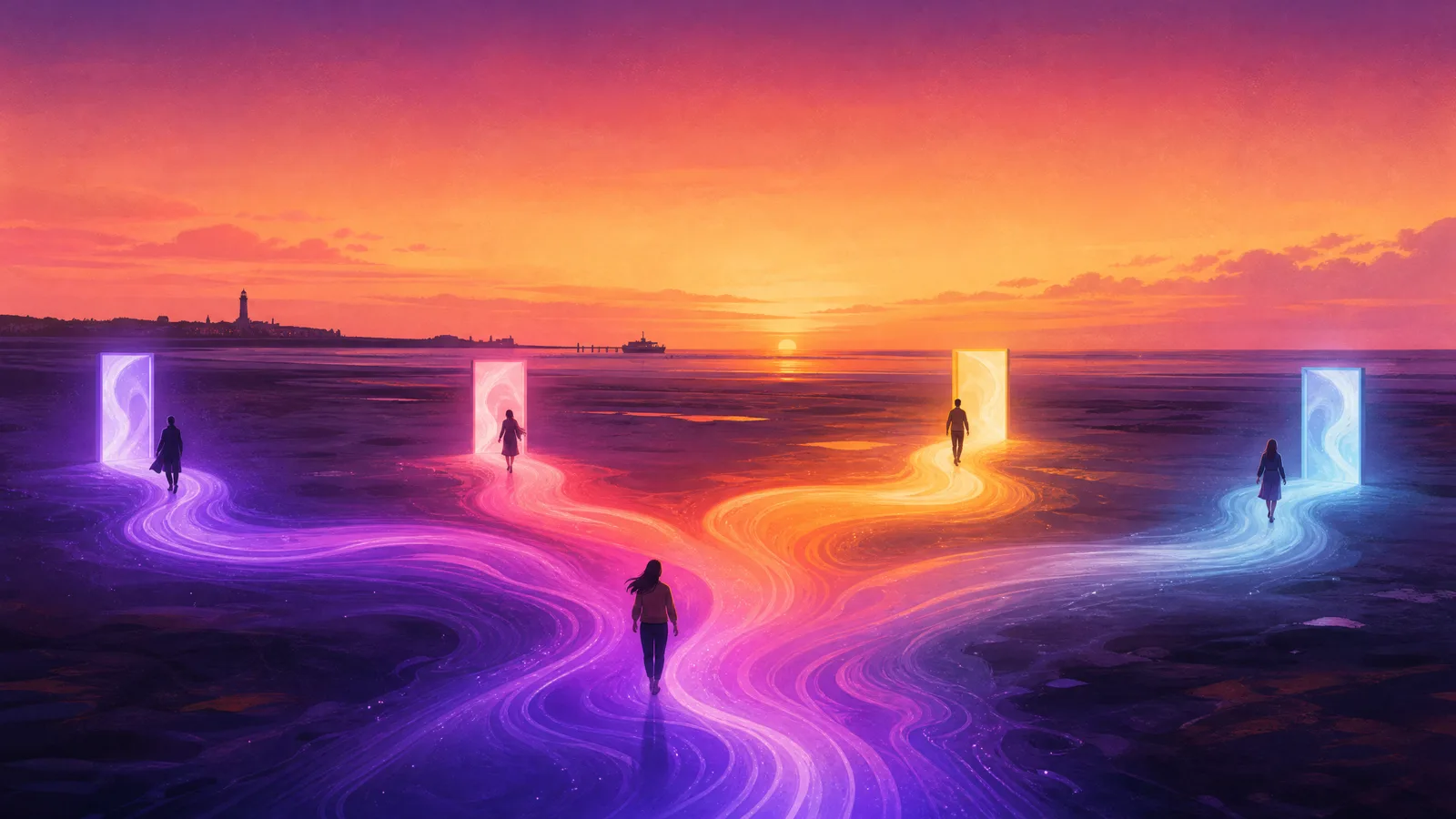 A single glowing river of gradient ink branching into three or four separate bright channels, each flowing to a different glowing doorway of its own colour temperature, a few stylised figures each drawn naturally toward a different door, the Knott End slipway and Wyre estuary a distant silhouette at sunset