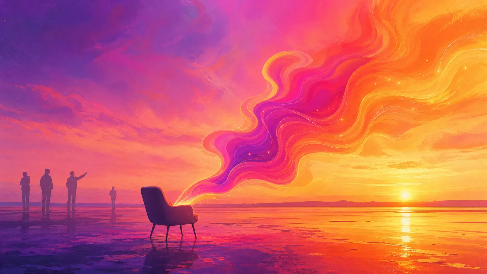 A single empty chair facing a bright flowing stream of violet-to-amber ink that nobody is tending, a few dim figures in the background looking away, the unclaimed job made visible, over a low Fylde horizon at sunset