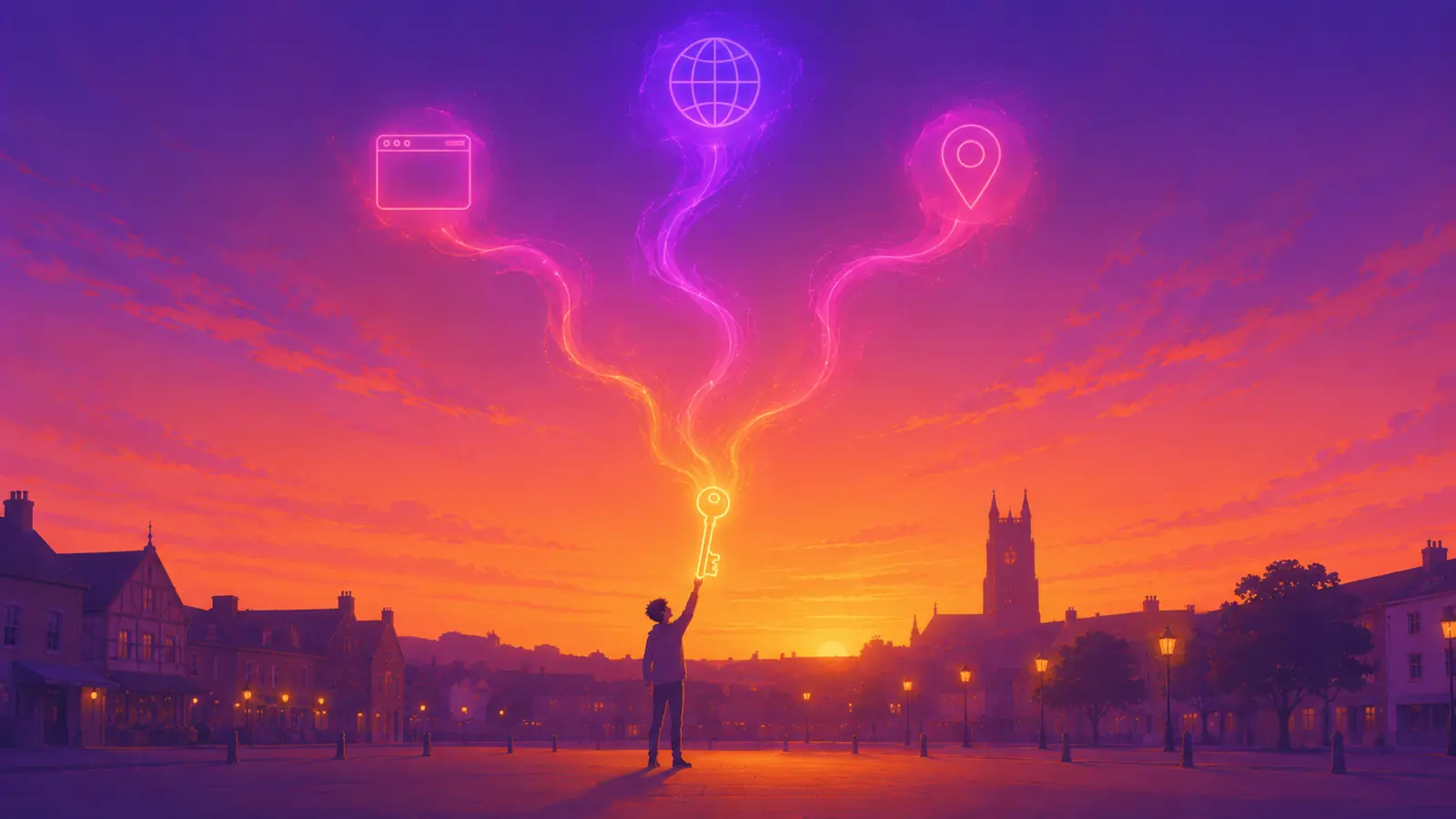 A figure in a market square at sunset holds up a single glowing key of ink, three ribbons rising from it to a globe, a browser window and a map pin, St Chad's church tower a distant silhouette over Poulton-le-Fylde