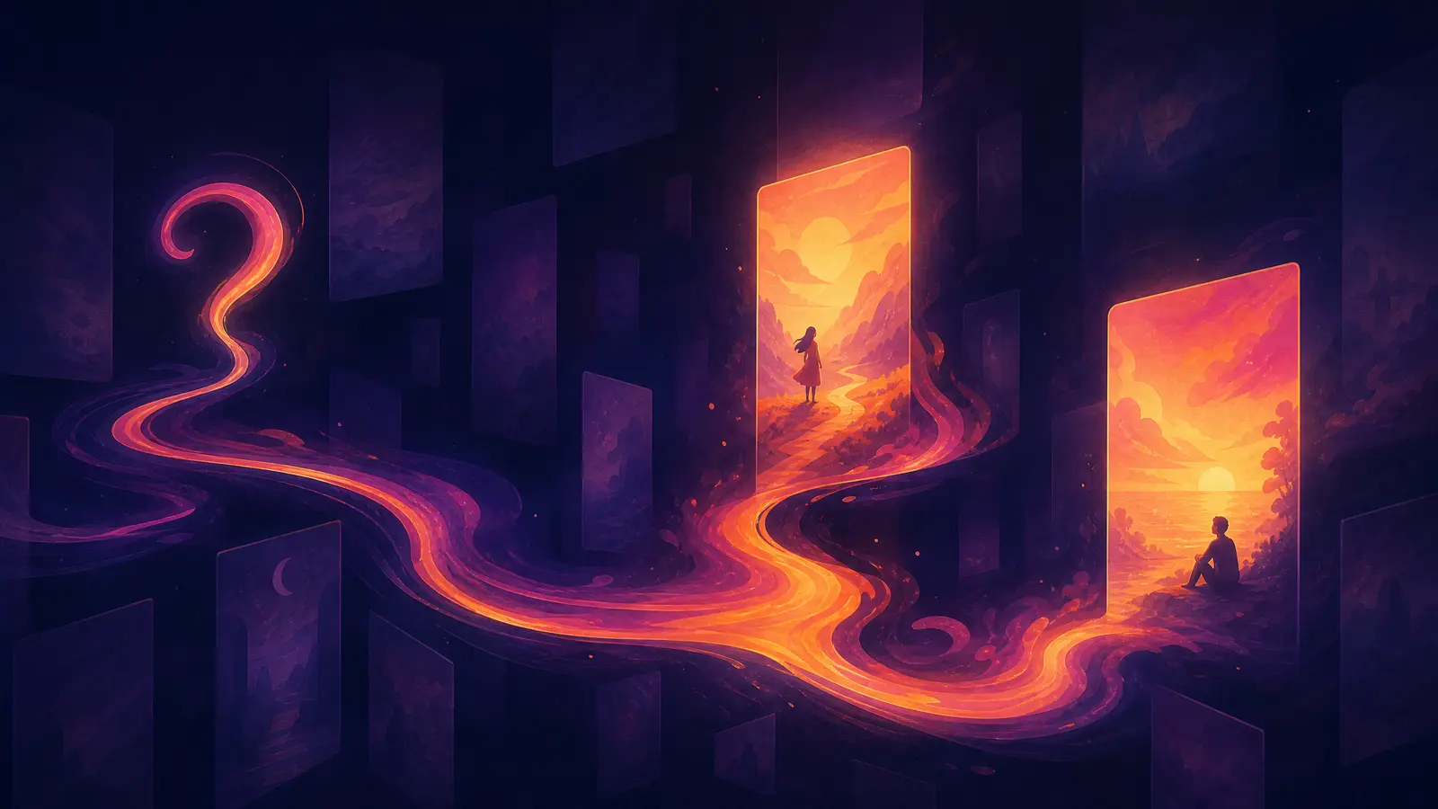 A dark space of floating page-like cards, most dim, two lit from within and haloed in warm gradient ink, a single ink ribbon threading from a question-mark shape to them