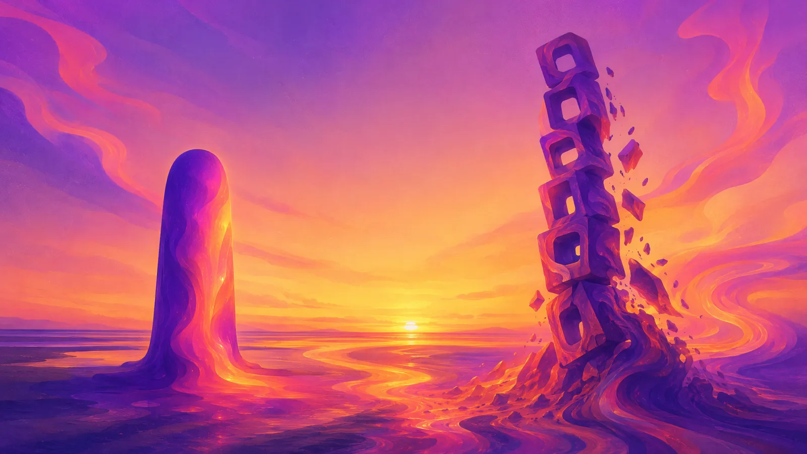 A single solid warmly glowing form of violet-to-amber ink standing steady on firm ground, while beside it a tall showy tower of hollow stacked ink-blocks leans and comes apart as the ground beneath it shifts away, the built thing standing and the gamed thing falling, over a low Fylde coastal horizon at dusk