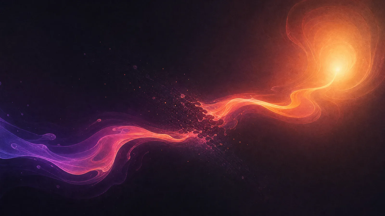 A ribbon of violet-to-amber ink travelling across a near-black field, fraying into scattered drifting particles partway across and never arriving, with a warm glowing destination still lit and waiting at the far side