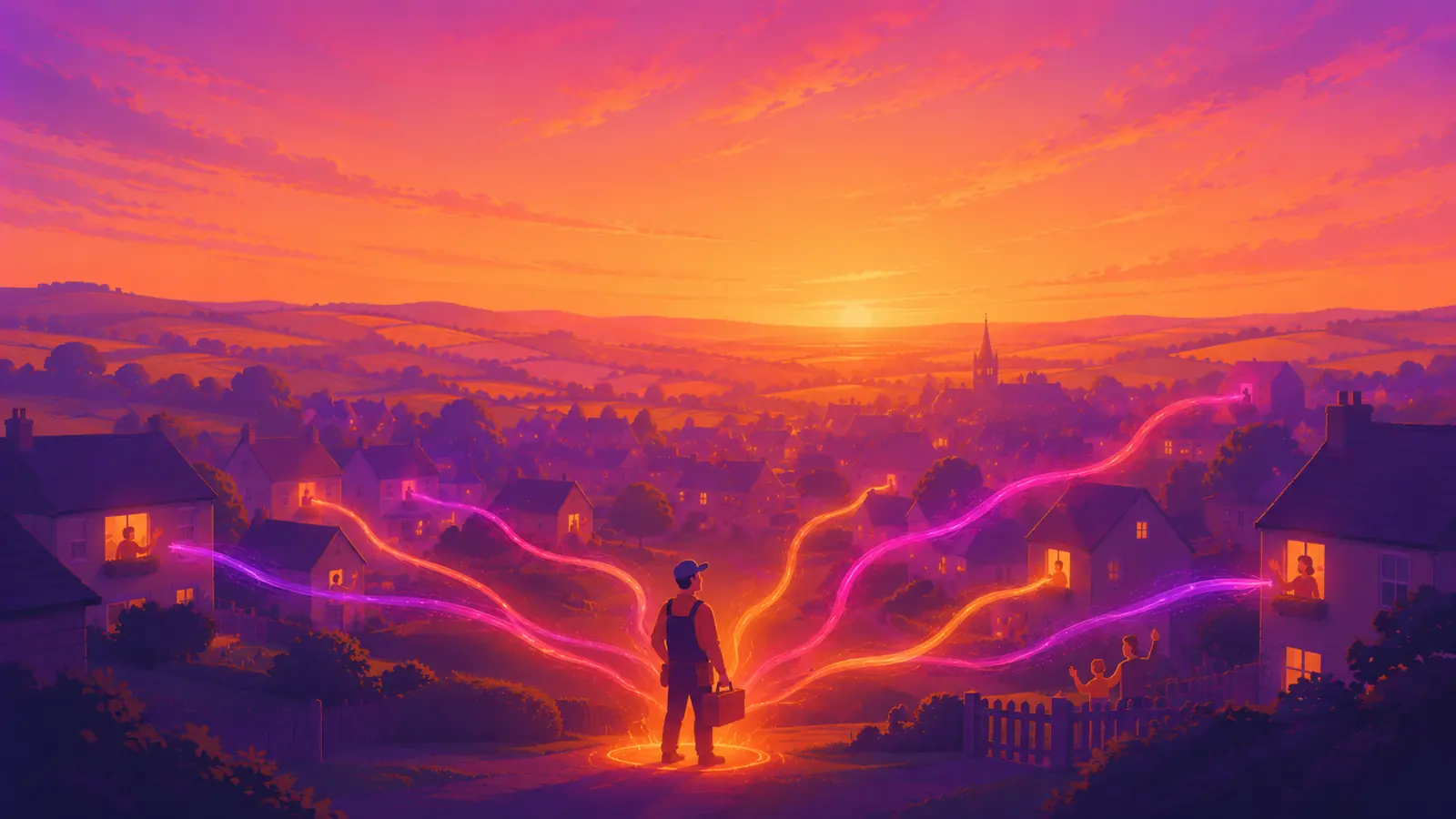 A tradesperson with a toolbox stands on a hillside above a village at sunset, warm ribbons of ink like word-of-mouth flowing between houses where neighbours wave from windows, rolling Kirkham farmland and a church spire in the distance