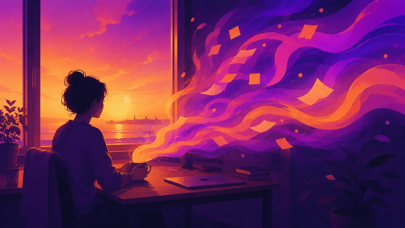 A calm figure at a desk by a coastal window at sunset, the day's busywork lifting away as ribbons of gradient ink