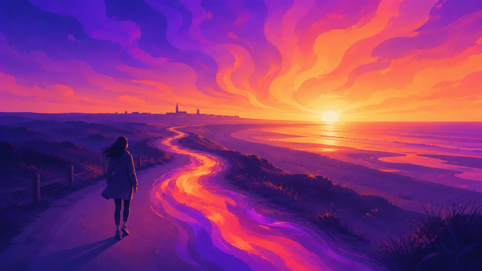 A figure setting off along a winding Fylde Coast path toward a radiant sunset horizon, the path lit by a current of flowing gradient ink, the Lytham skyline in silhouette on the far shore