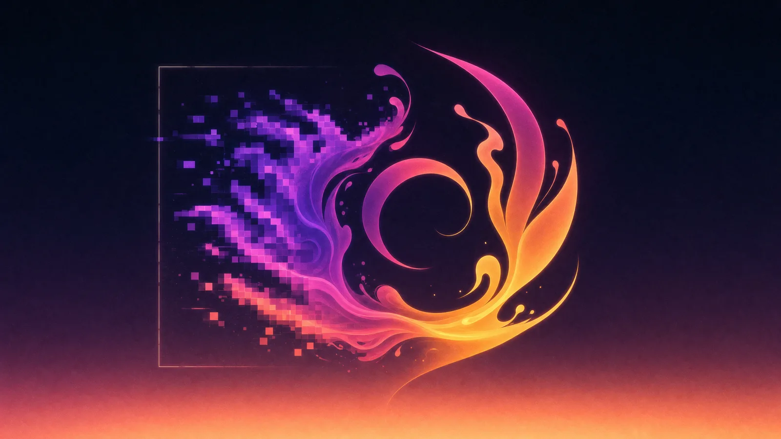 A single glowing emblem of gradient ink, coarse and blocky and pixelated on the left with a faint hard white box hemming it in, resolving across the middle into one crisp, infinitely sharp glowing vector mark on the right, over a deep charcoal field warming to a low sunset glow